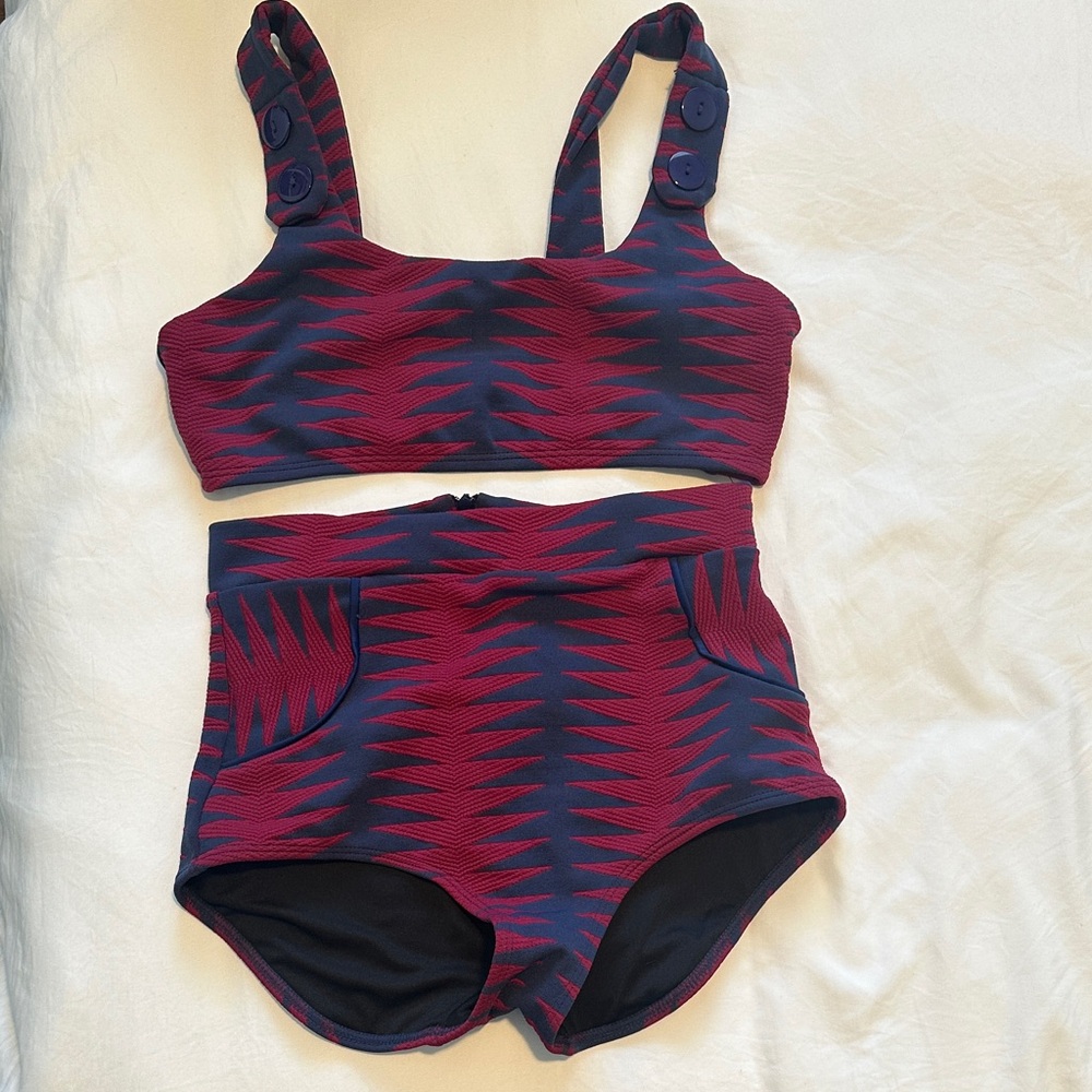 Seea Two-Piece Swim Set in Navy and Magenta Zigzag